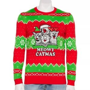 Mad Engine Meowy Catmas Men’s Ugly Christmas Sweater Cats Holiday Red Green